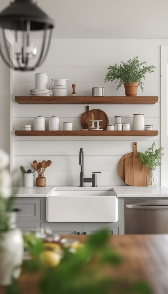 Open Kitchen Ideas With Shiplap Walls and Warm Wood for a Farmhouse Feel