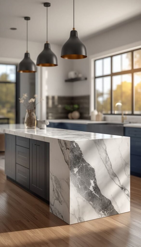 Open Kitchen Ideas With a Waterfall Island That Commands the Room
