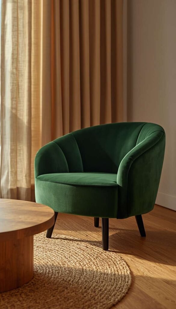 Organic Modern Living Room, Green Velvet, Linen and Wood