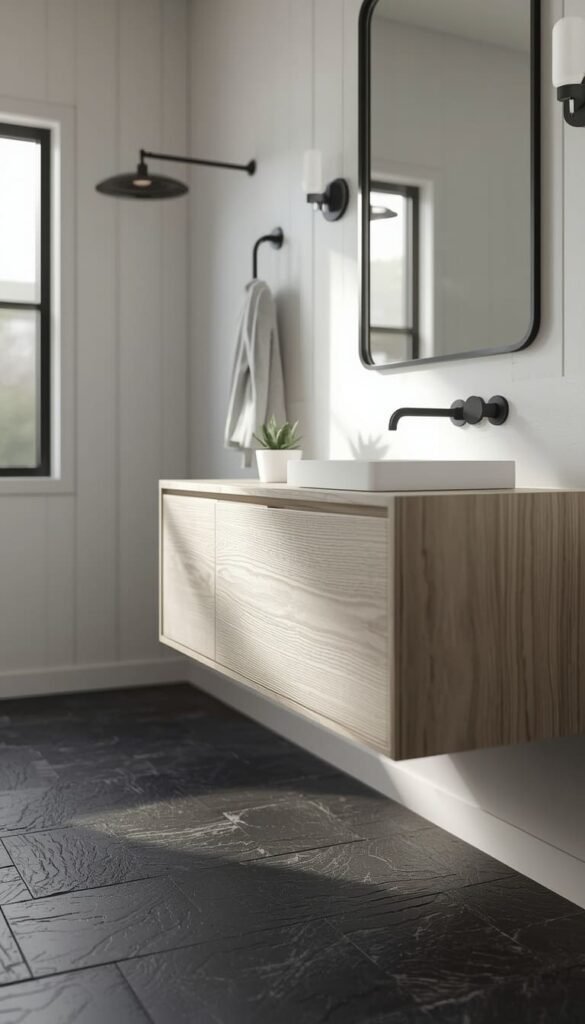 Organic Modern: White Oak Floating Vanity with Slate Tile Floors