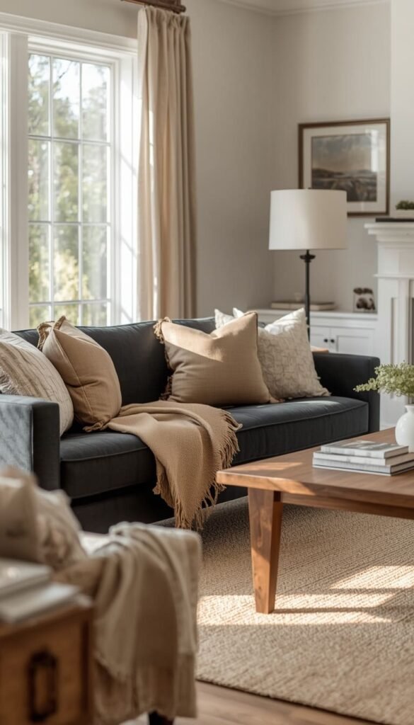 Pair a Black Sofa With Warm Neutrals for an Effortlessly Cozy Look