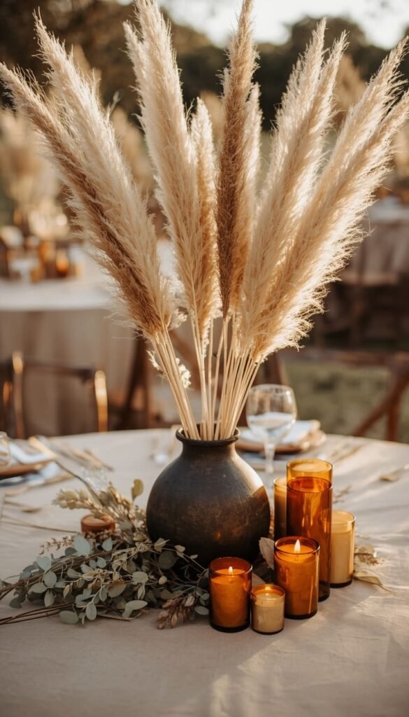 Pampas Grass and Dried Botanicals for a Rustic Round Table Wedding Decor Vibe