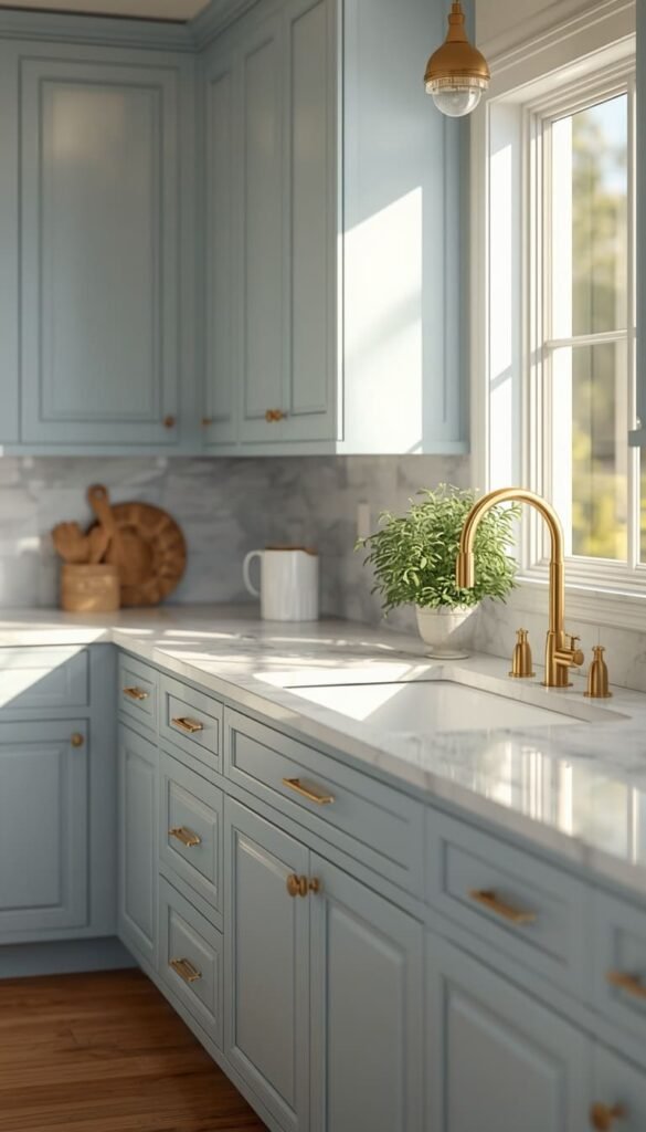 Powder Blue Shaker Cabinets With Brass Hardware