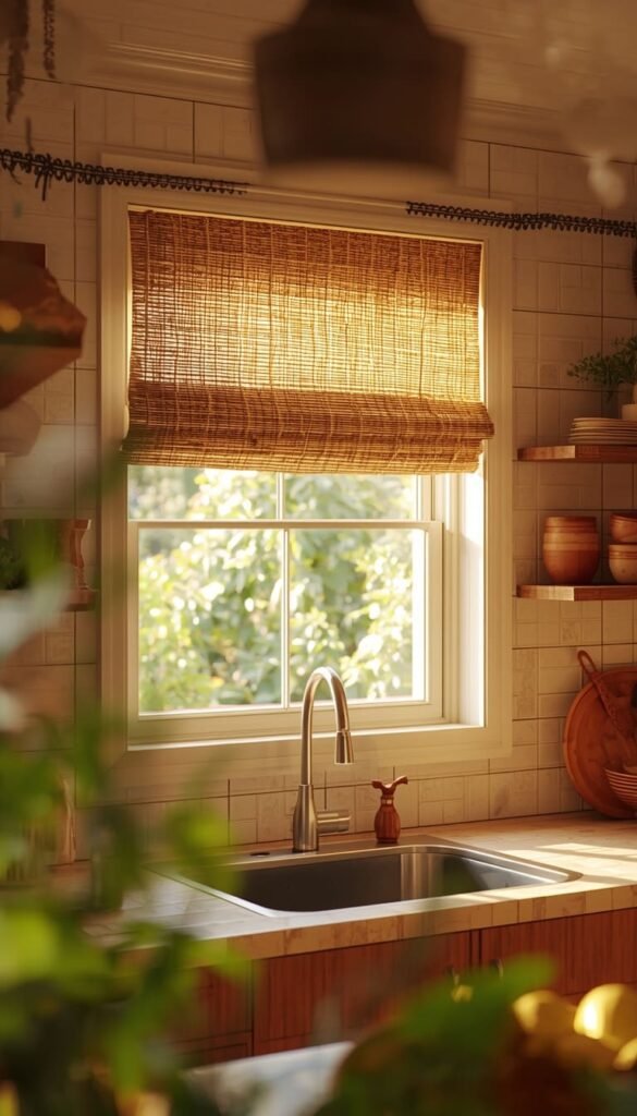 Rattan and Woven Shades for a Rustic Kitchen Curtain Look