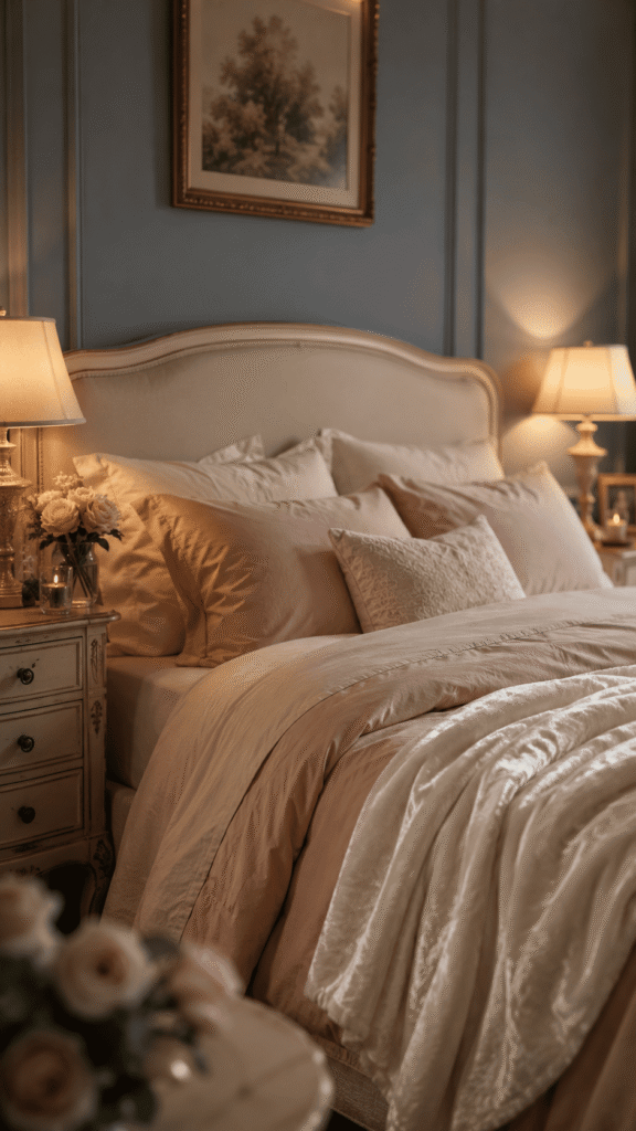 Romantic Dusty Blue Bedroom Decor with Soft Lighting and Layered Bedding