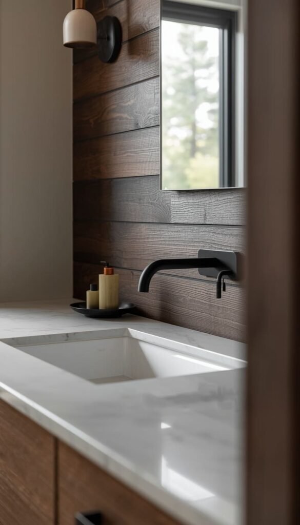  Rustic Modern Bathroom with Dark Wood Shiplap and Matte Black Fixtures