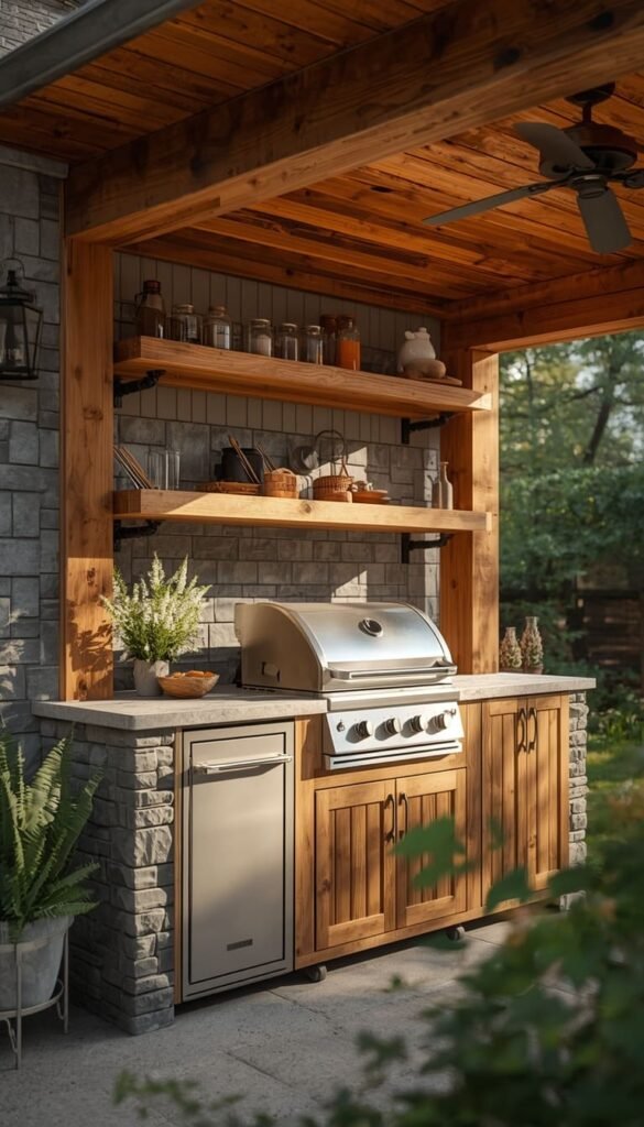 Rustic Outdoor Kitchen With Reclaimed Wood and Stone Veneer