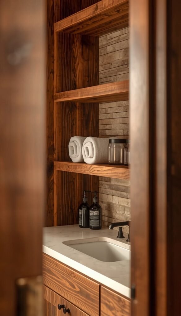 Rustic Reclaimed Wood Accents with Warm Stone Backsplash