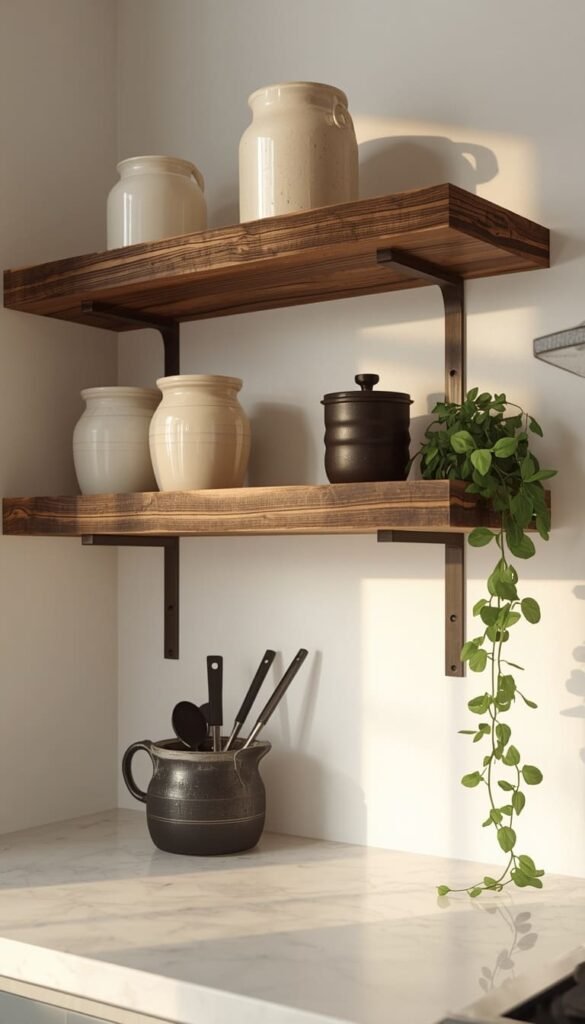 Rustic Reclaimed Wood Shelves for a Farmhouse Kitchen Feel