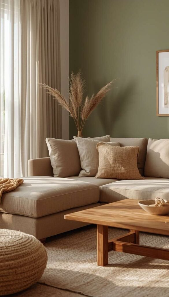 Sage Green Accent Wall with a Warm Beige Sectional
