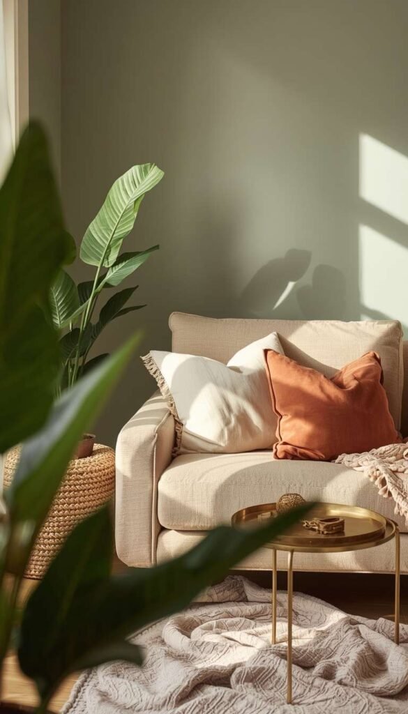 Sage Green Walls with a Warm Beige Sofa
