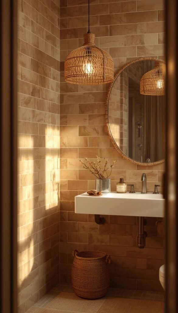 Sandy Beige Subway Tile with Rattan and Warm LED Lighting