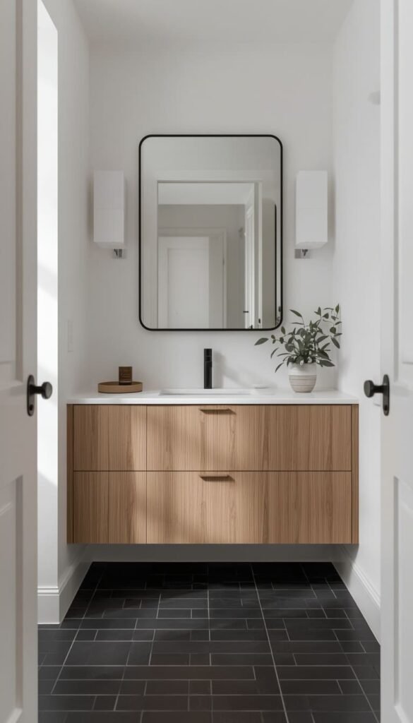 Scandinavian Black and Oak Bathroom with a Clean Minimalist Layout
