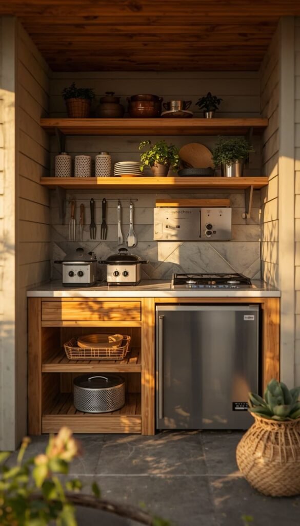 Small Outdoor Kitchen DIY With a Mini Fridge and Smart Storage
