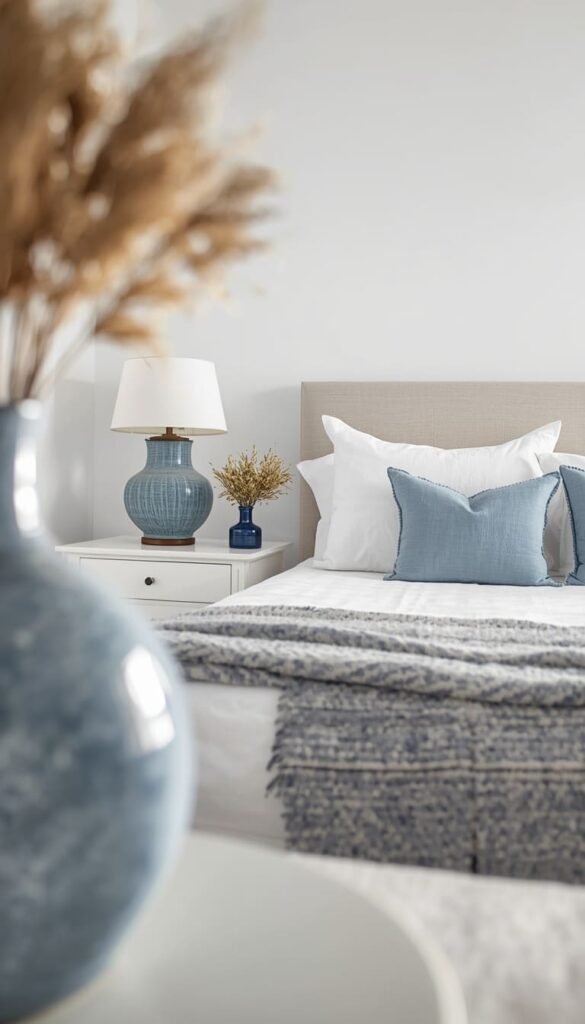 Soft Blue Accent Pieces in a White Bedroom for a Budget Friendly Refresh