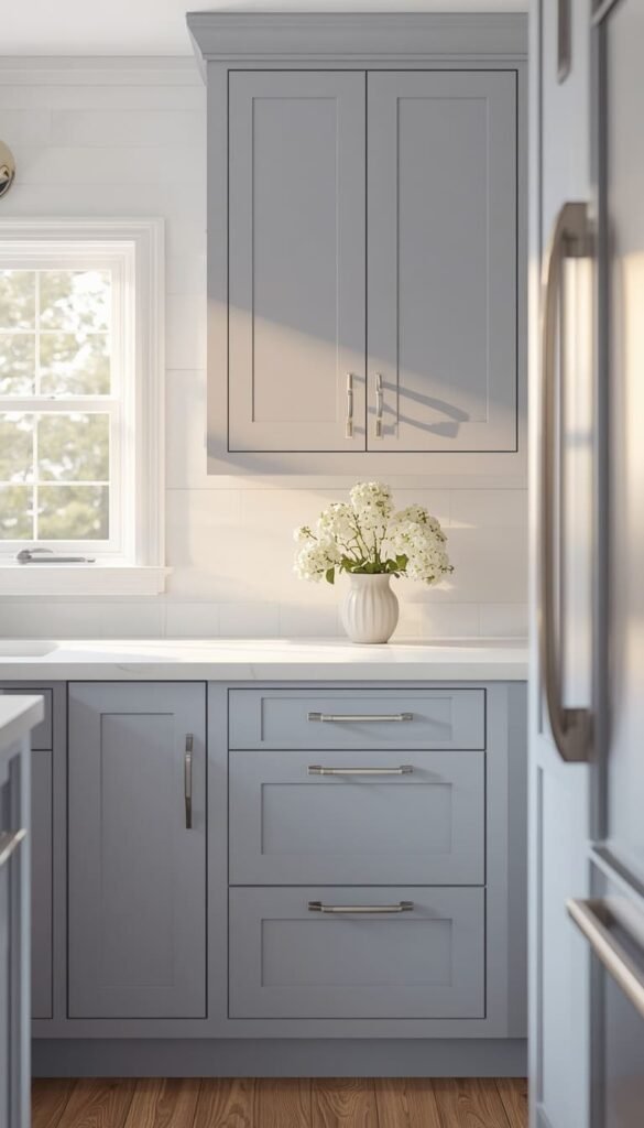 Soft Periwinkle Blue in a Small White Kitchen