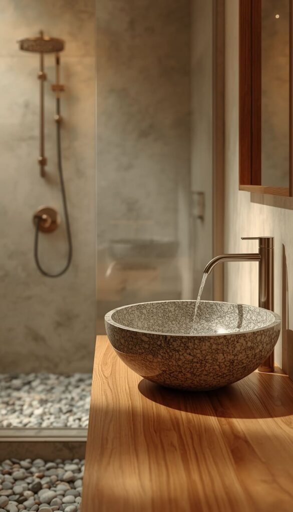 Stone Vessel Sink with a Pebble Shower Floor Design