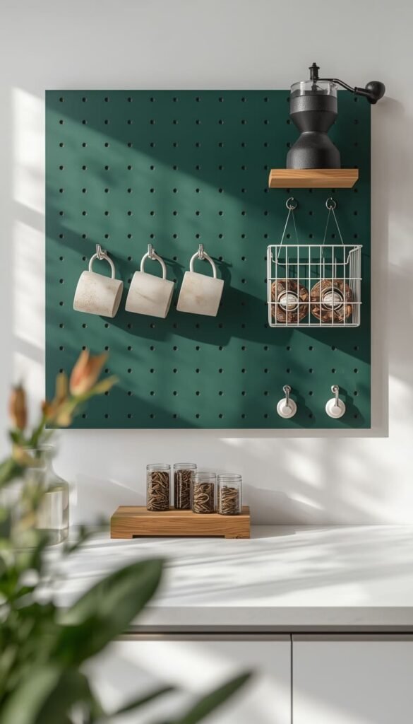 Style a Cozy Coffee Corner Ideas Setup With a Pegboard and Hooks