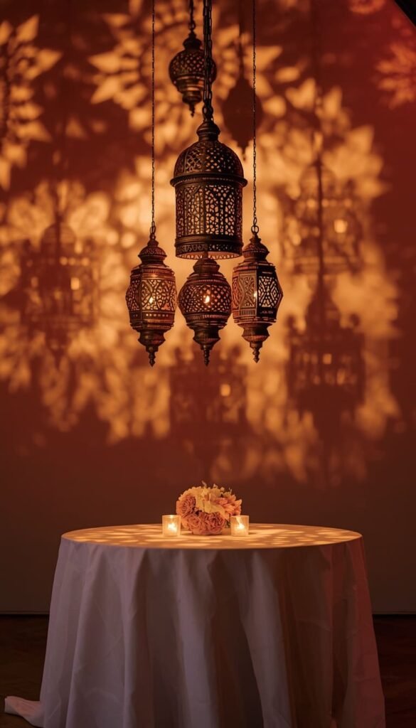 Suspended Lanterns and Pendant Lights Above Round Wedding Tables for Dreamy Ambiance