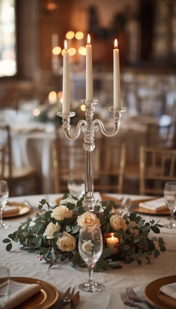 Tall Glass Candelabras That Make Round Table Wedding Decor Feel Instantly Glamorous