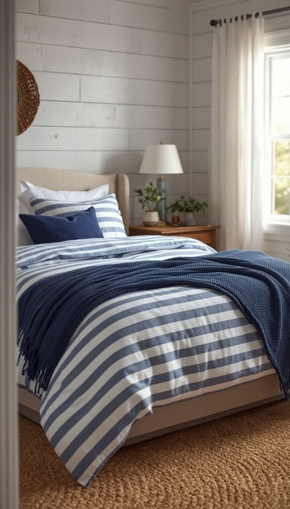  Ticking Stripe Blue and White Bedding for a Timeless Cottage Bedroom Style