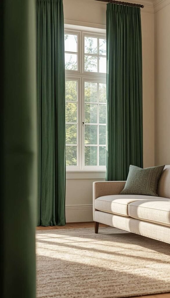 Transitional Hunter Green Drapes Against Cream Walls