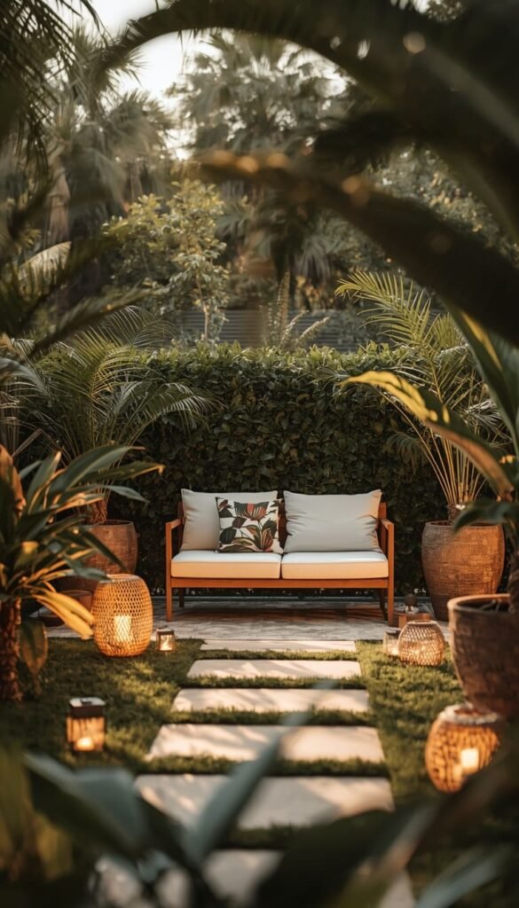 Tropical Oasis with Palms and Lanterns