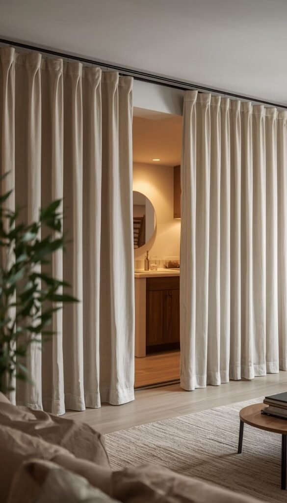 Use Floor to Ceiling Curtains to Hide Utilities and Create Zones