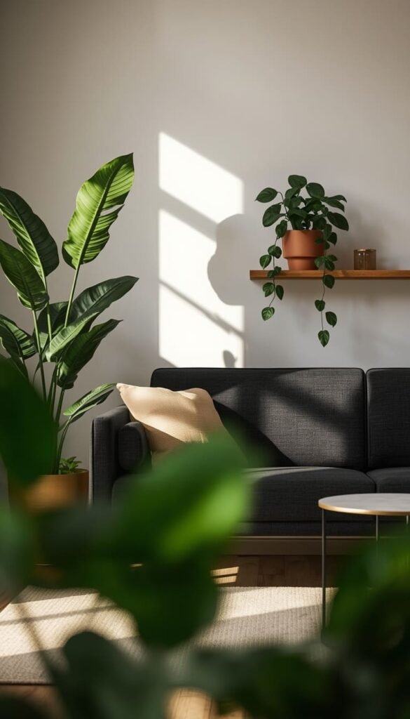 Use Plants and Greenery to Add Life to a Black Sofa Living Room