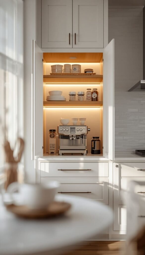 Use a Built-In Coffee Bar Ideas Cabinet to Hide All Your Appliances