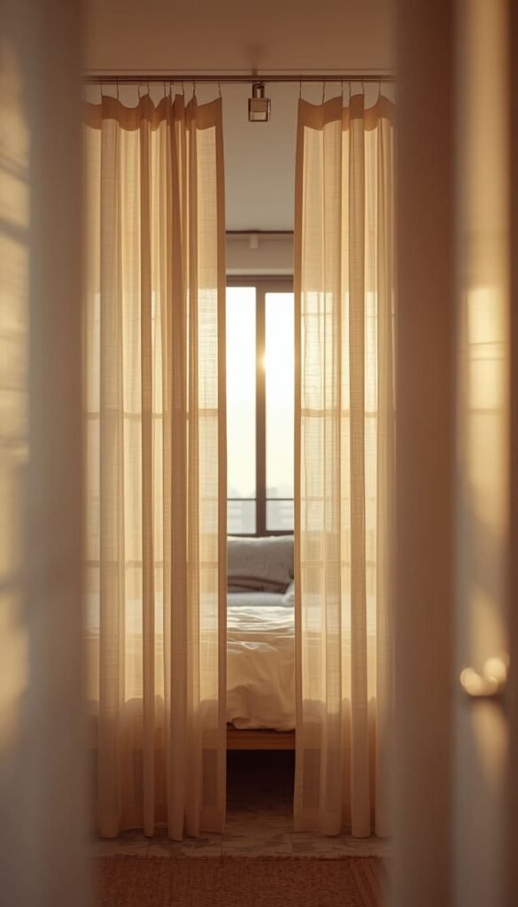Use a Room Divider or Curtain Panel in a Tiny Studio Bedroom