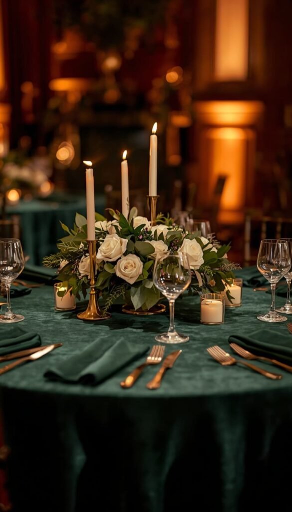Velvet Linens and Jewel Tones for a Rich Moody Round Table Wedding Look