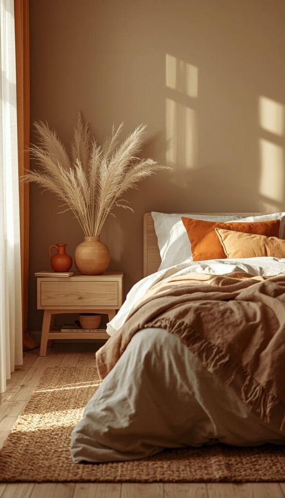 Warm Earth Tone Bedroom With Terracotta and Wood
