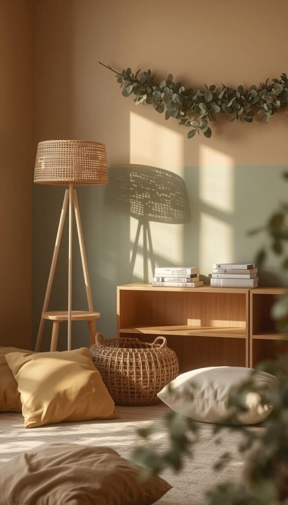 Warm Sand Walls with a Sage Green Reading Corner