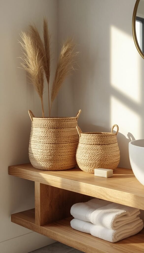Woven Basket Storage on Open Shelves