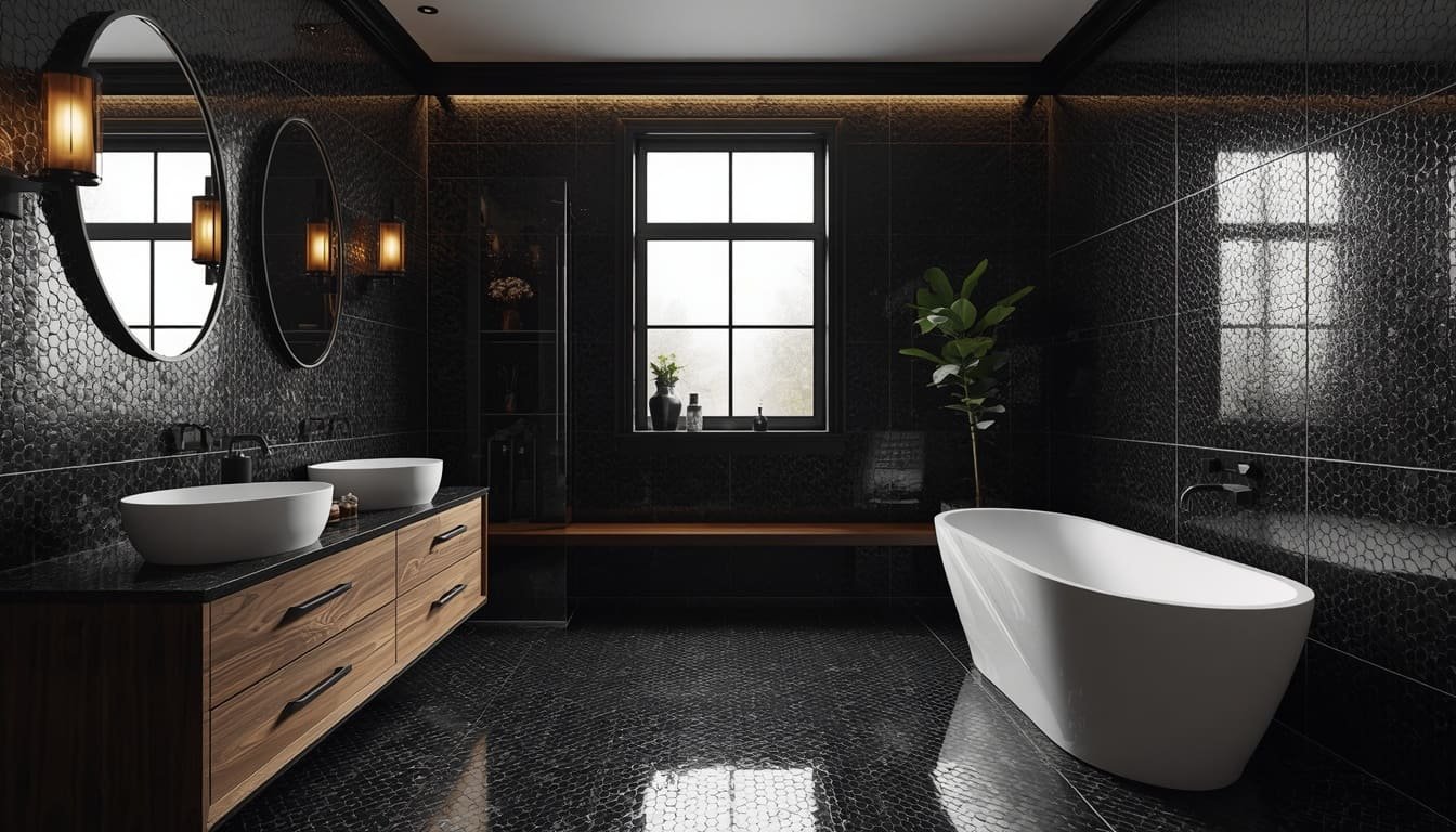 black and wood bathroom