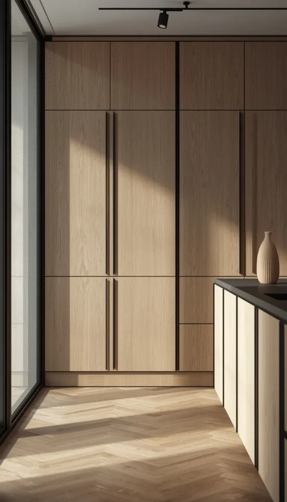 Design Three, Black Frame Cabinets With White Oak Slab Doors