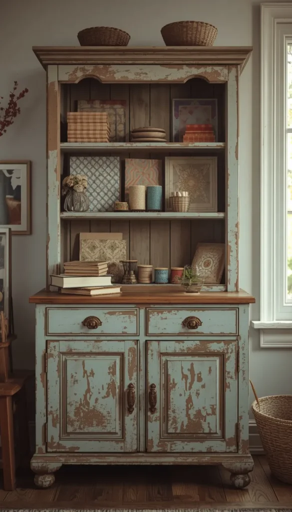 A Chippy Painted Hutch for Displaying and Storing Supplies