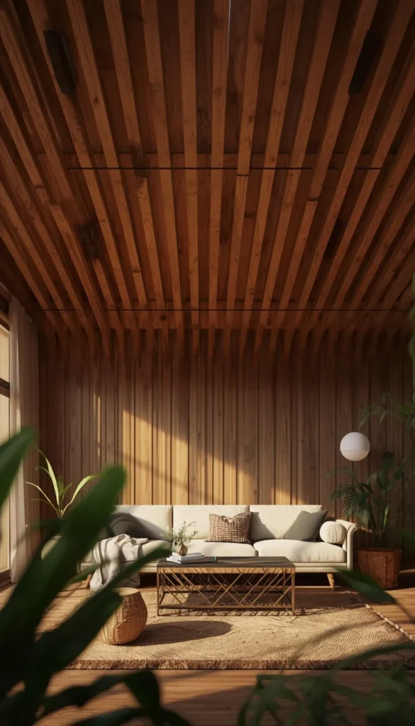 Furring Strips Stained to Mimic a Wood Slat Ceiling