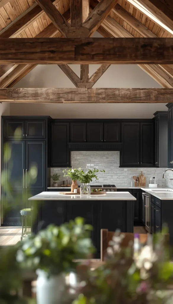 Design Five, Black Shaker Cabinets With Rustic Reclaimed Wood Beams