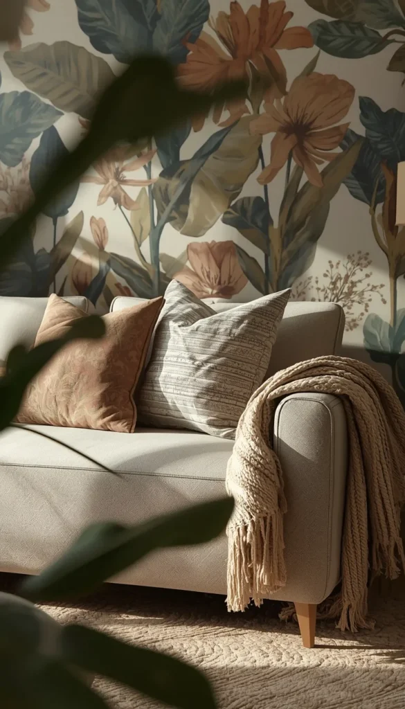 A Wallpapered Accent Wall Behind the Sofa