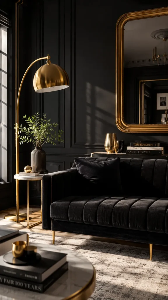 Black Living Room With Gold or Brass Accents