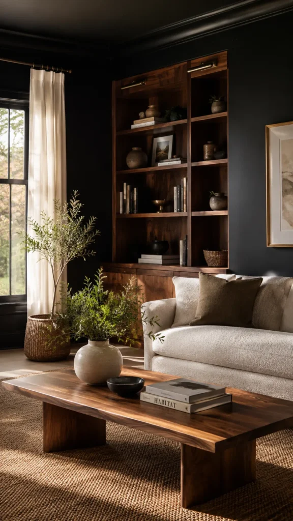 Black Living Room With Warm Wood Accents