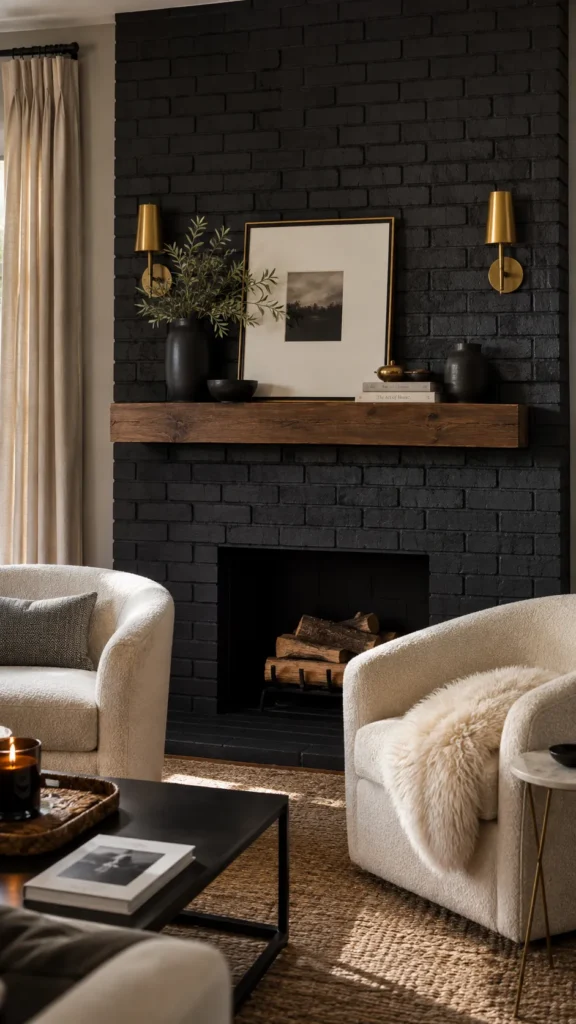 Black Living Room With a Fireplace as the Focal Point