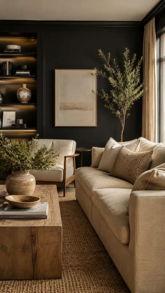 Black Living Room With a Neutral or Beige Palette