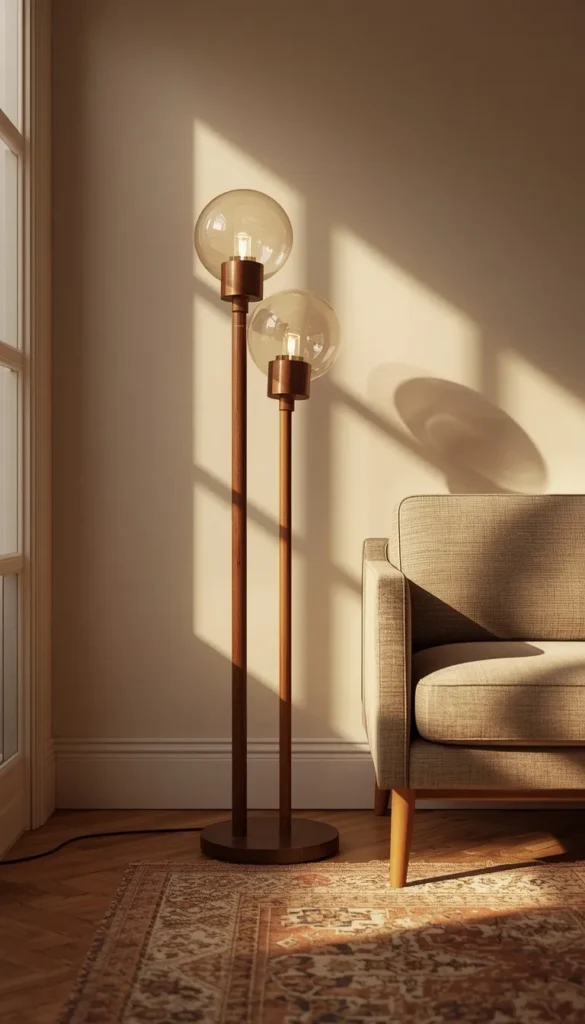 A Dual Globe Walnut Arm Floor Lamp
