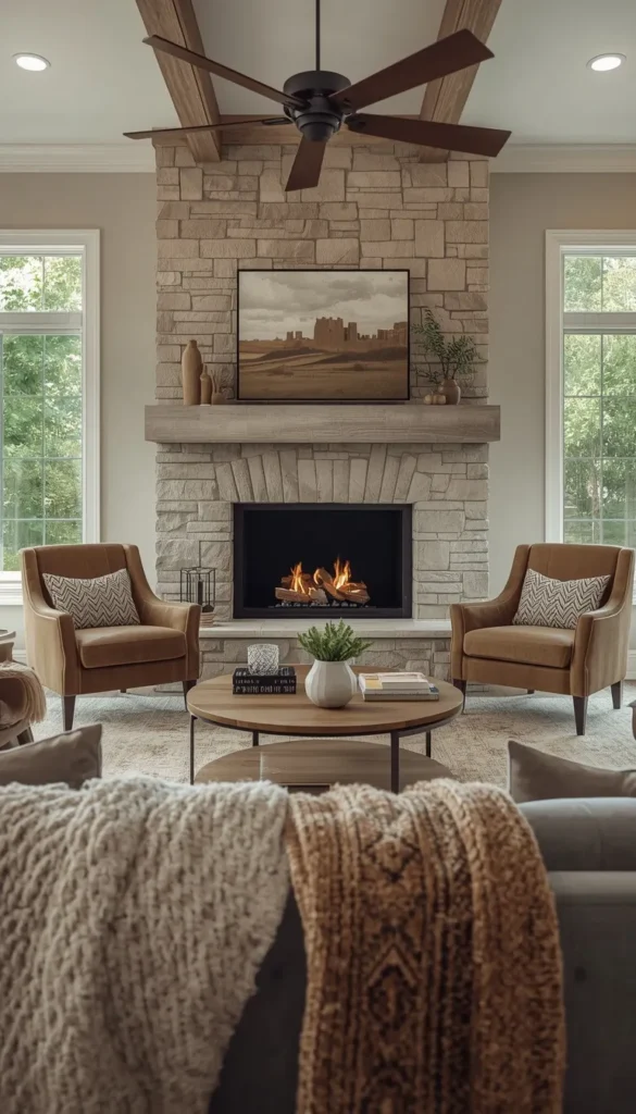 Square Living Room Layout With a Fireplace