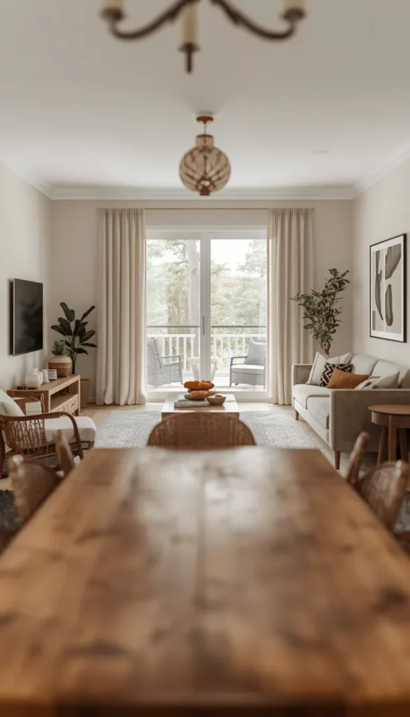Square Living Room Layout With a TV and Dining Table