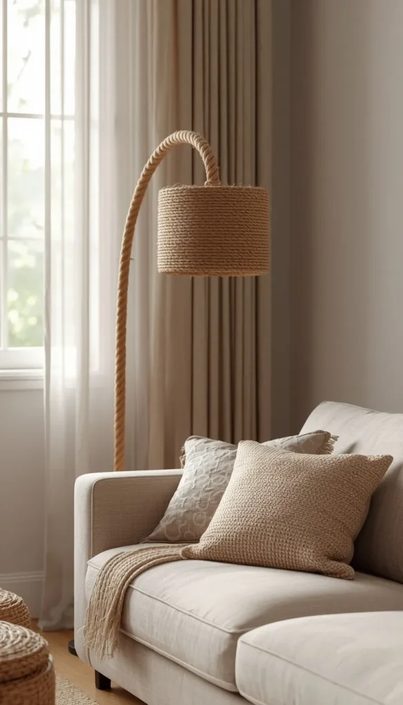 Wood and Rope Arc Lamp Over the Sectional